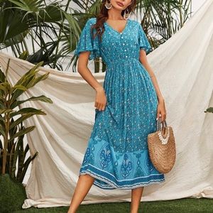 Ditsy Floral And Tribal Print Button Front Dress